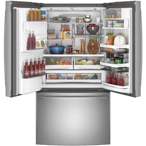 GE Profile 36-inch, 27.7 cu.ft. Freestanding French 3-Door Refrigerator with External Water and Ice Dispensing System PFE28KYNFS IMAGE 4