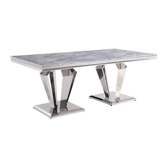 Acme Furniture Satinka Dining Table with Faux Marble Top and Pedestal Base 68265 IMAGE 1