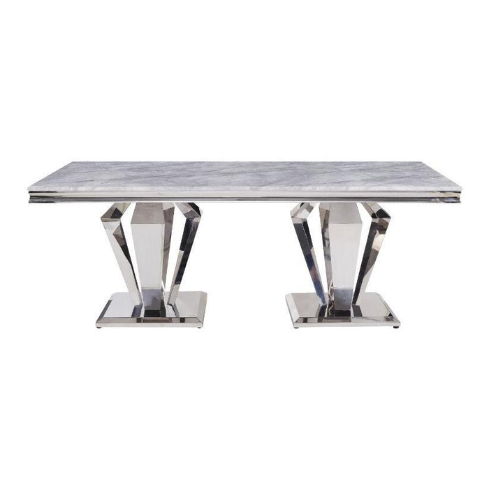 Acme Furniture Satinka Dining Table with Faux Marble Top and Pedestal Base 68265 IMAGE 2