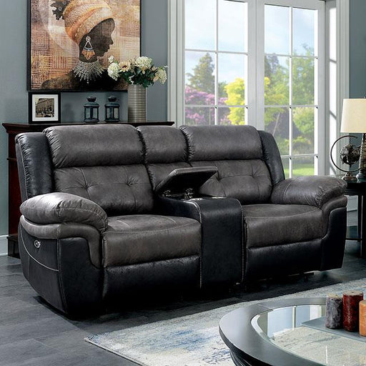 Furniture of America Brookdale Power Reclining Leather Look Loveseat with Console CM6217GY-LV IMAGE 1