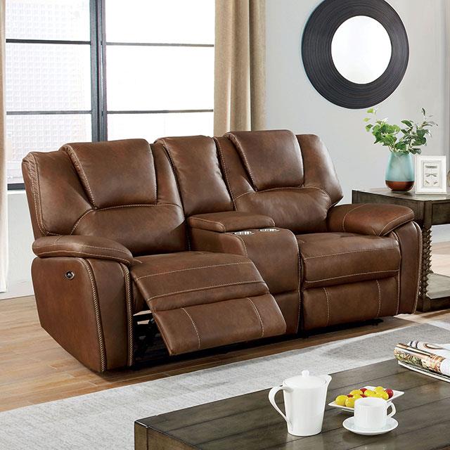 Furniture of America Ffion Reclining Leather Look Loveseat with Console CM6219BR-LV IMAGE 1