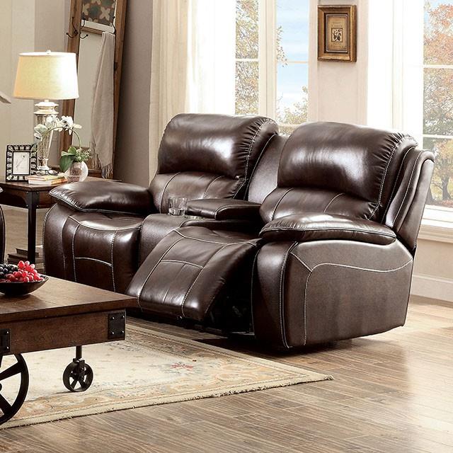 Furniture of America Ruth Reclining Leather Match Loveseat with Console CM6783BR-LV IMAGE 1