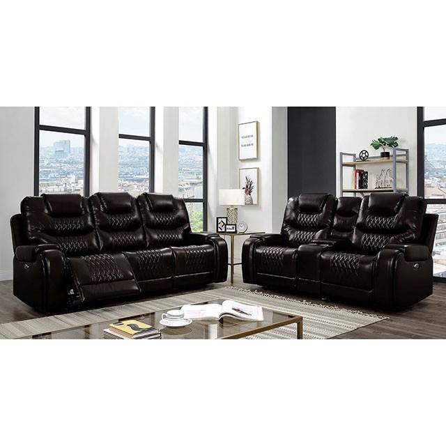 Furniture of America Marley Power Reclining Leather Look Loveseat with Console CM6894BR-LV IMAGE 2