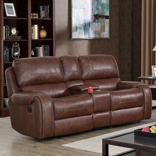 Furniture of America Walter Reclining Leather Look Loveseat with Console CM6950BR-LV IMAGE 1