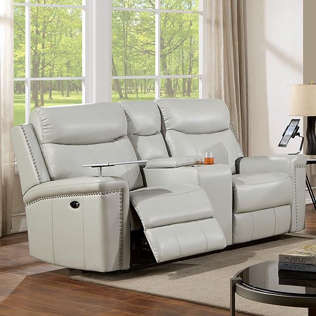 Furniture of America Florine Power Reclining Leather Loveseat with Console CM6252LG-LV-PM IMAGE 1