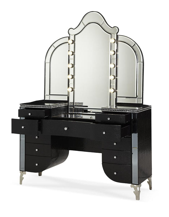 Hollywood Swank Upholstered Vanity in Black Iguana