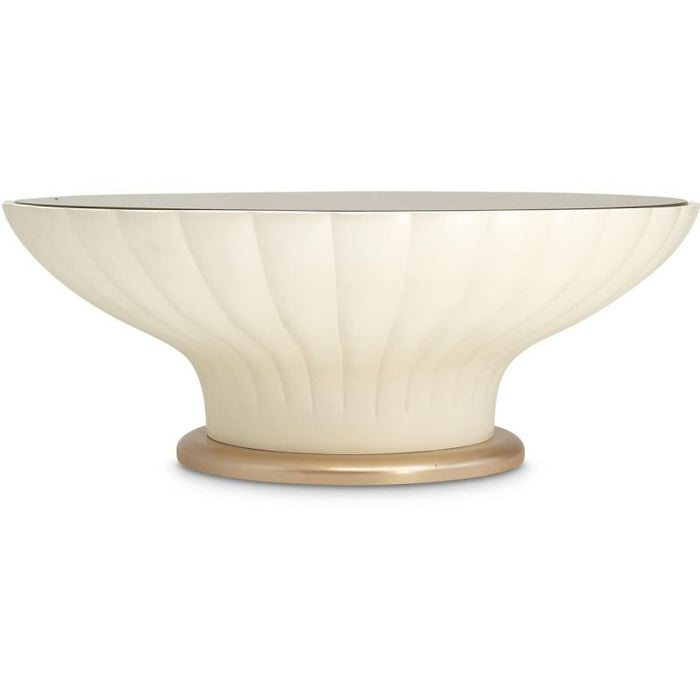 AICO La Rachelle Round Scalloped Cocktail Table with Glass in Medium Champagne